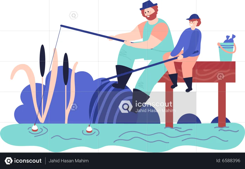 Father fishing with children  Illustration