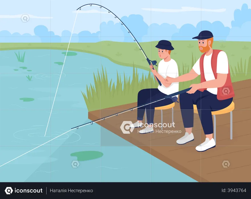 Father Fishing with teenager son  Illustration