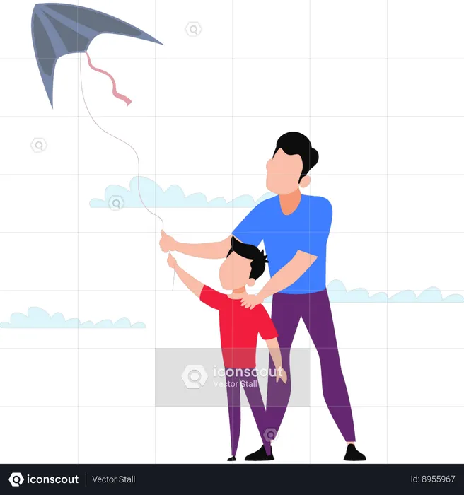 Father Flying Kite With Kid  Illustration