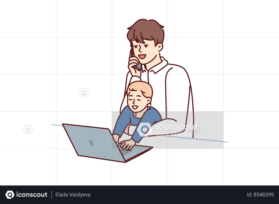 Father freelancer with baby in arms works with laptop and makes phone call during quarantine  Illustration