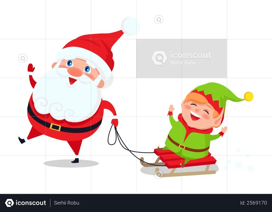 Father Frost and dwarf riding on sleigh and having fun  Illustration