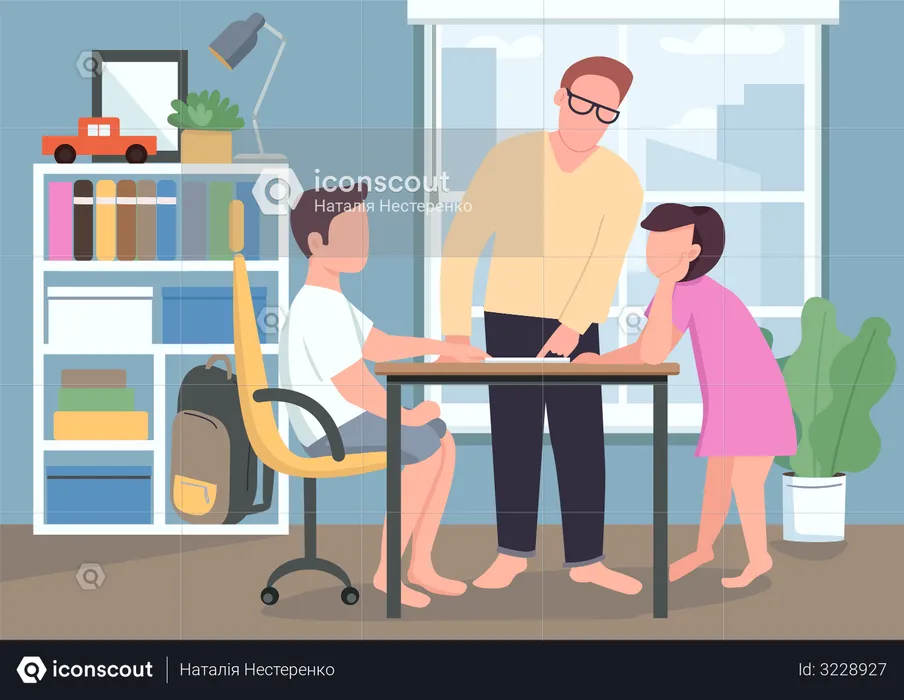 Father help kids with homework  Illustration