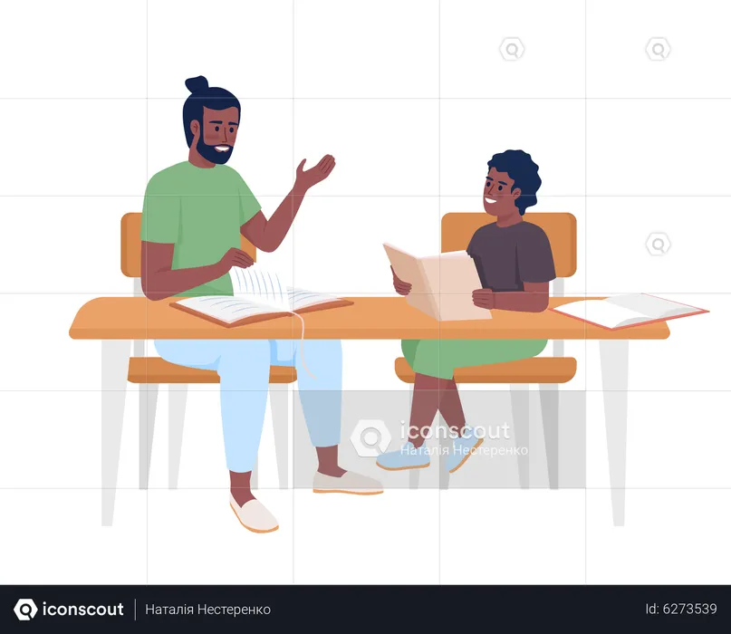 Father helping male child with homework  Illustration