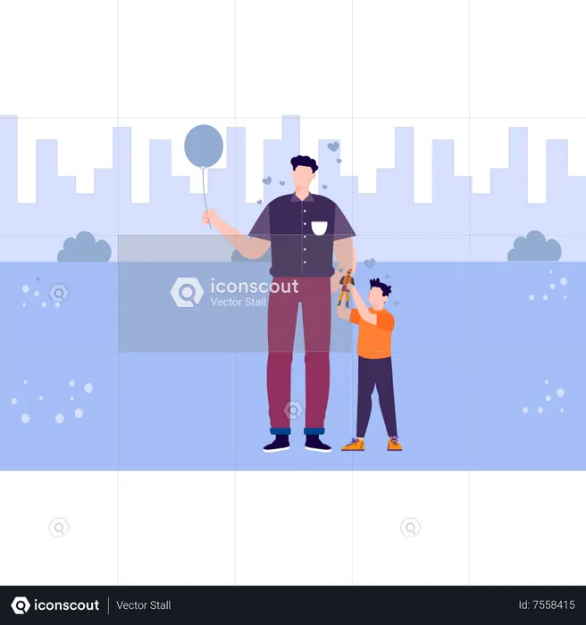 Father holding balloon and son playing with toys  Illustration