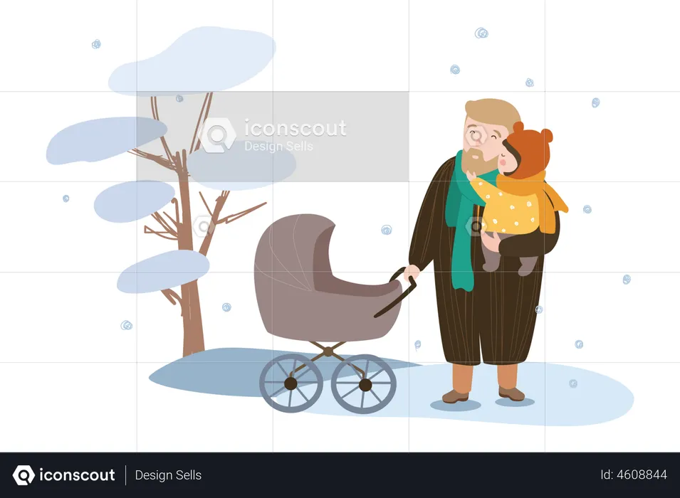 Father holds baby with stroller  Illustration