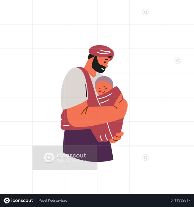 Father in a turban holds a child in a sling.  Illustration