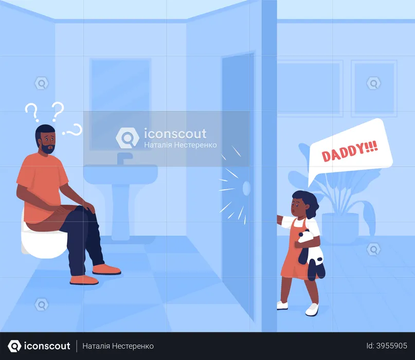 Father in Bathroom and Child Knocking Door  Illustration