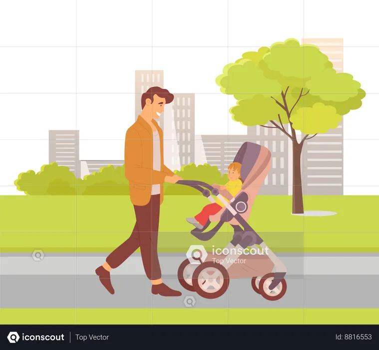 Father is carrying infant baby in stroller  Illustration