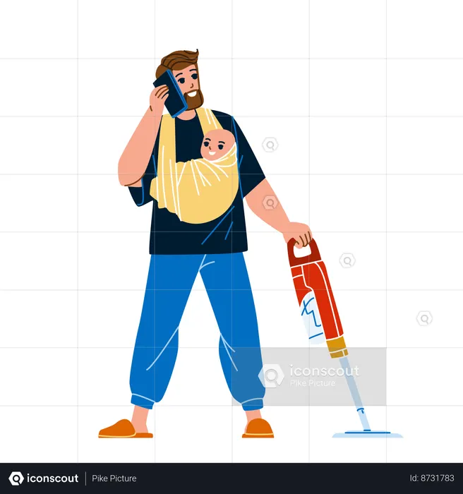 Father is handling baby and housework  Illustration