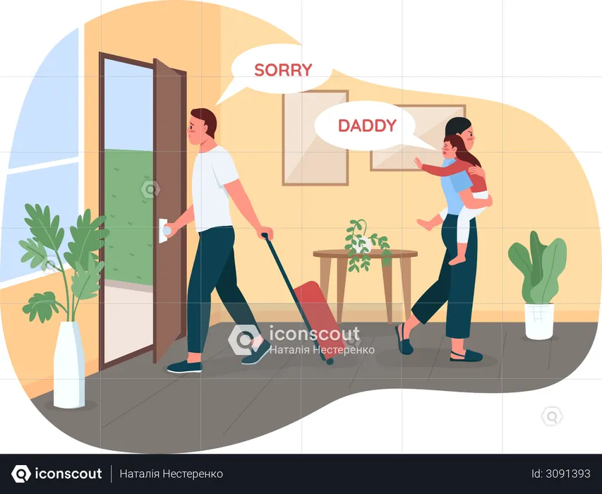 Father leaving wife and child  Illustration