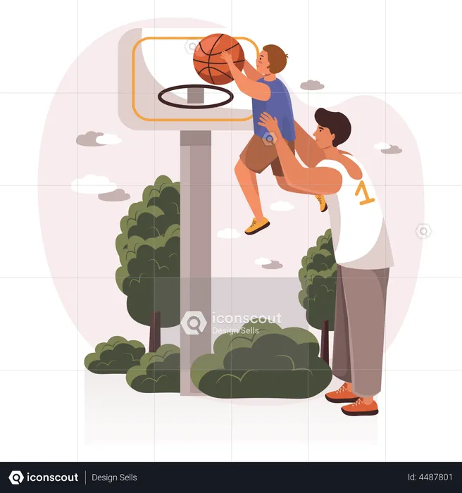 Father lifting son to play basketball  Illustration