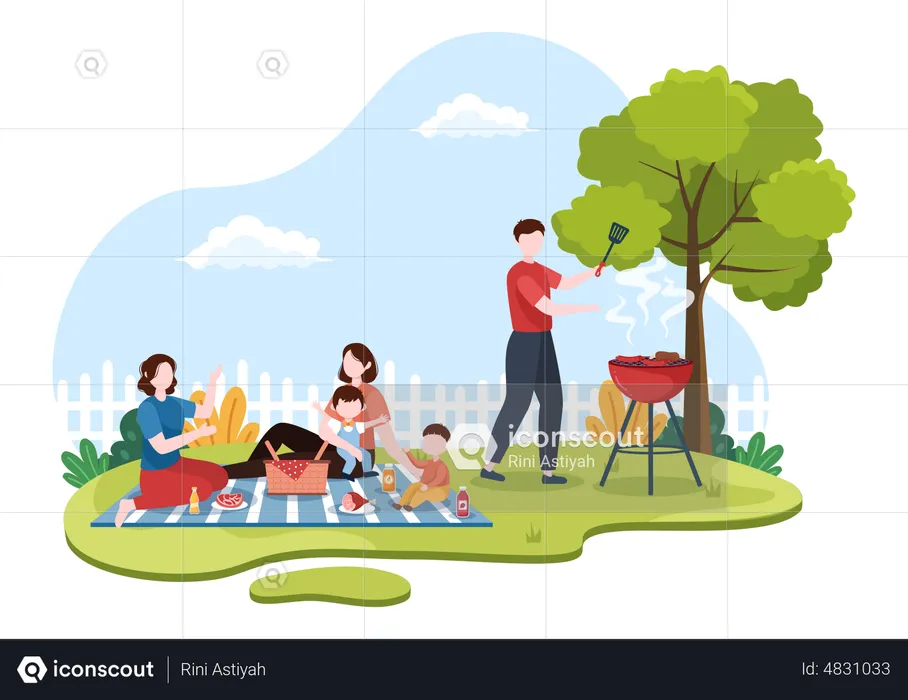 Father making barbeque while family sitting  Illustration