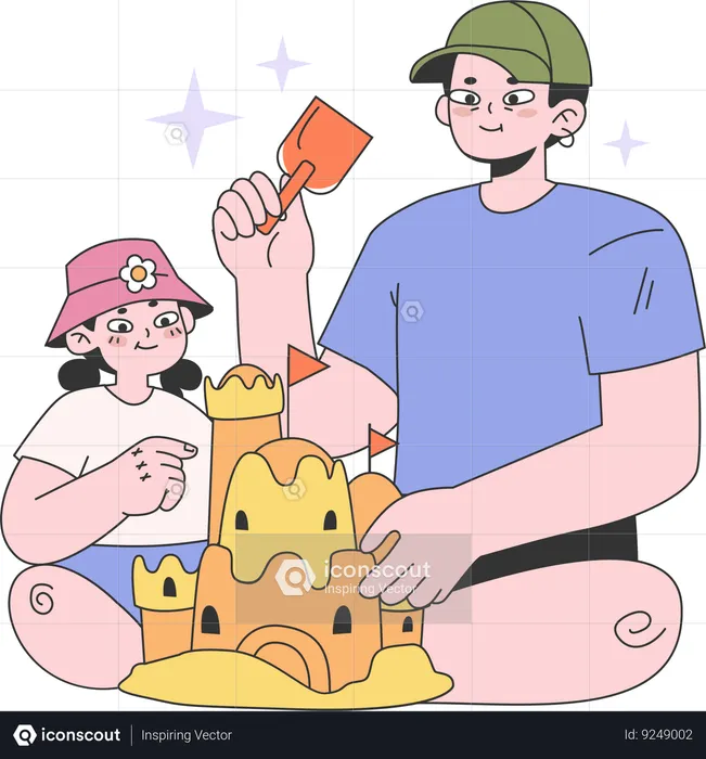 Father making sand castle with daughter  Illustration