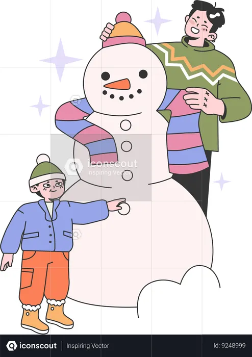 Father making snowman with hid son  Illustration
