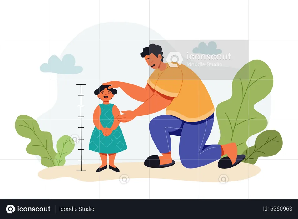 Father measuring daughter feet  Illustration