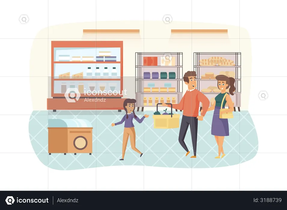 Father, mother and daughter choosing and buying food at grocery store  Illustration