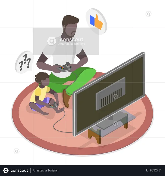 Father playing video game with daughter  Illustration