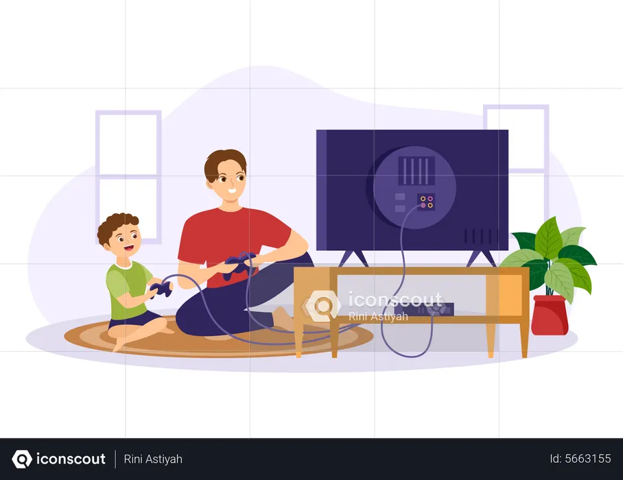 Father playing video game with son  Illustration