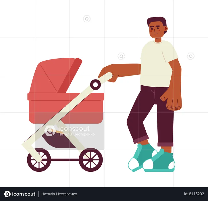 Father pushes baby stroller  Illustration