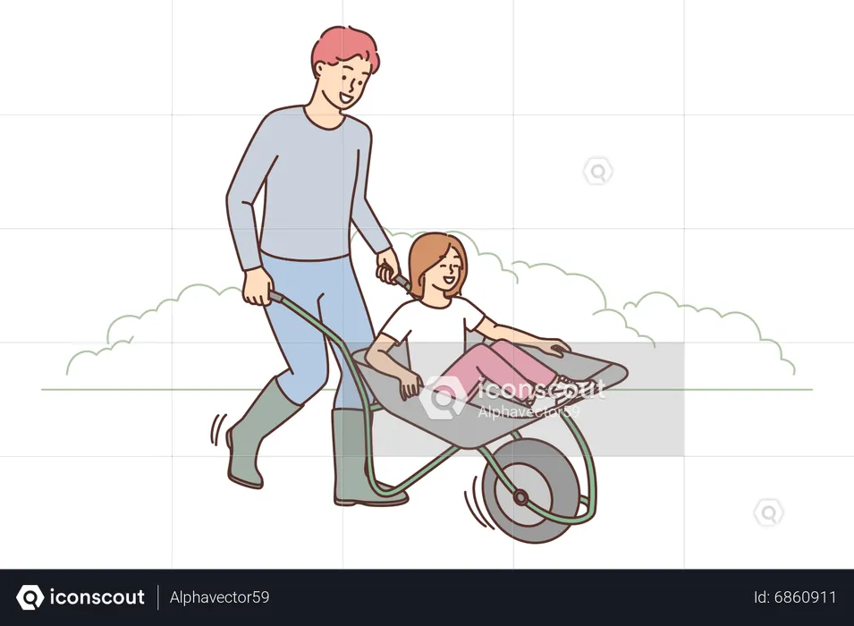 Father pushing wheelbarrow while daughter sitting in  Illustration