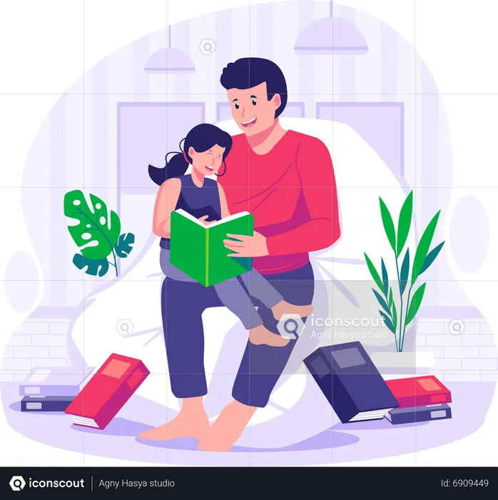 Father reading a book together with his kid  Illustration