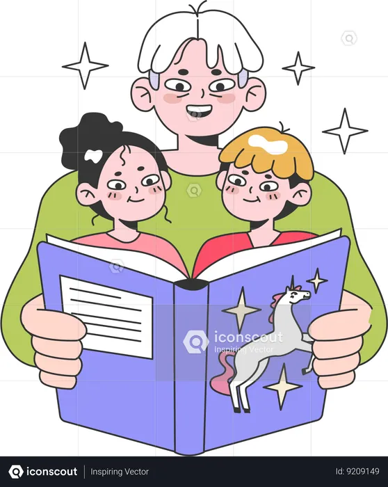 Father reading bedtime story to his kids  Illustration
