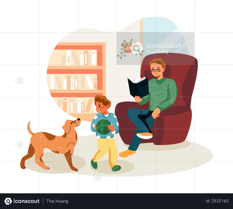 Father reading book while kid playing with dog  Illustration