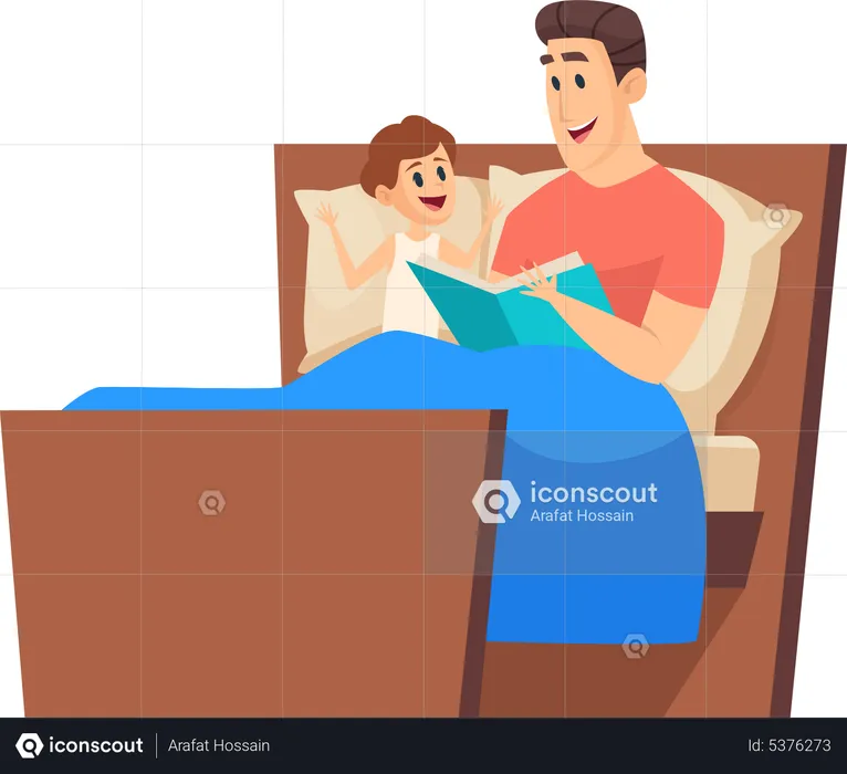 Father reading story to son while sitting on bed  Illustration