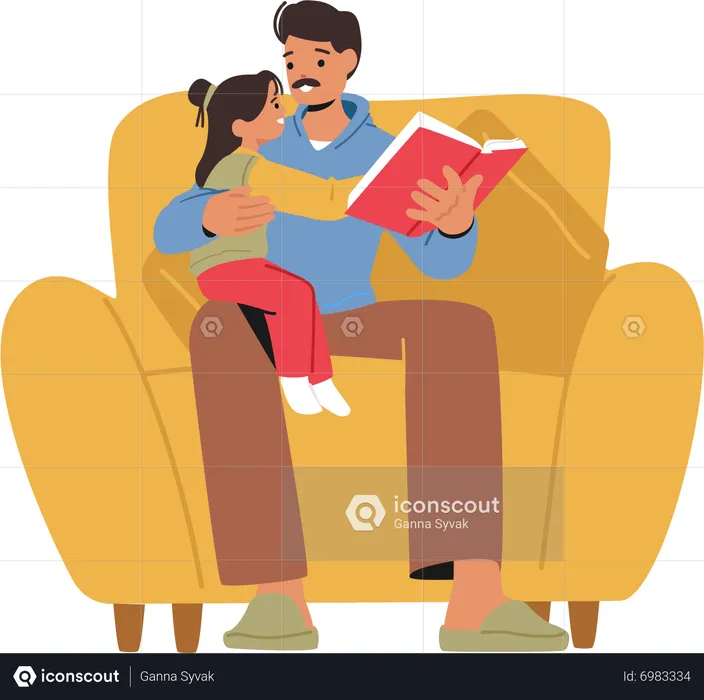 Father Reads A Book To His Little Daughter  Illustration