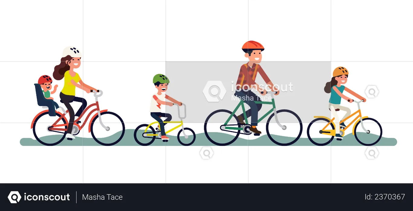 Father, siblings, mother with toddler riding bicycles  Illustration