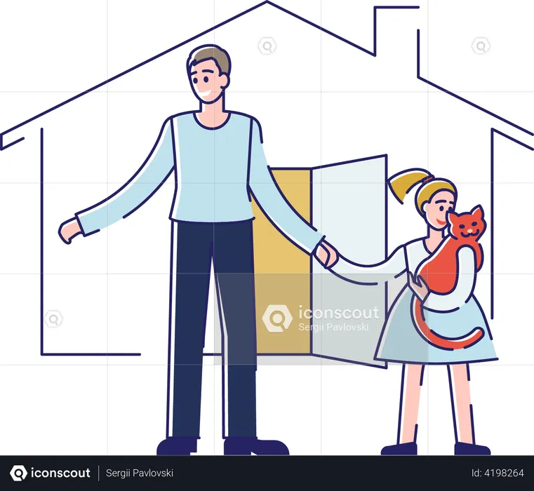 Father taking care of daughter outside house  Illustration