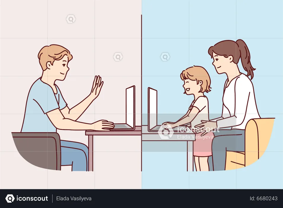 Father talking with his family by video call  Illustration