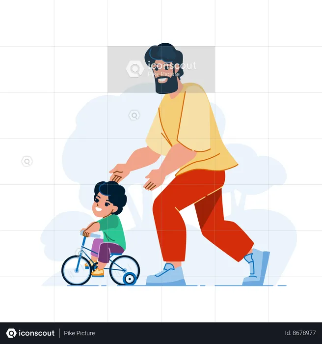 Father teaching cycling to son  Illustration