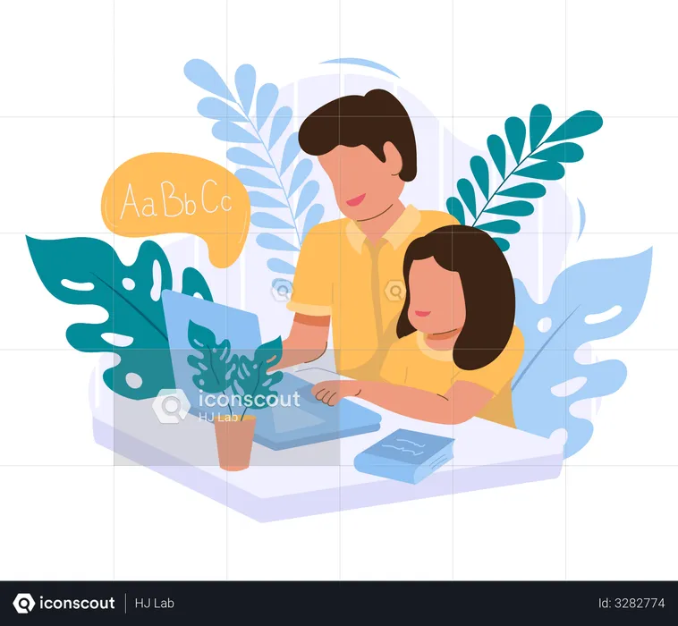 Father teaching his daughter by laptop  Illustration