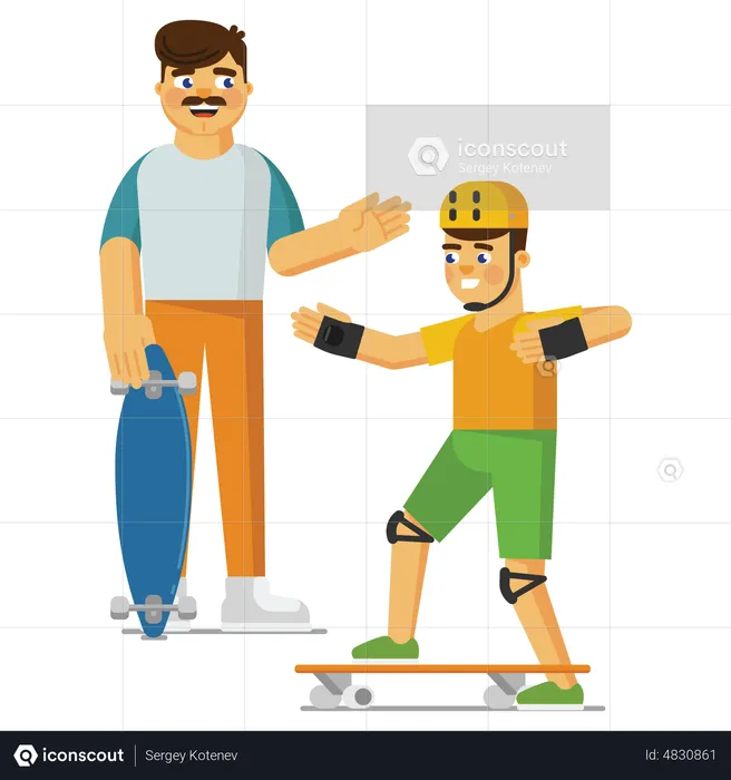Father teaching son how to ride skateboard  Illustration