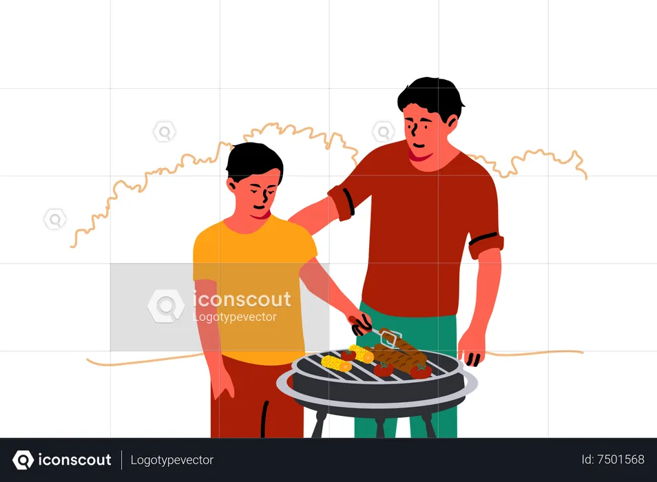 Father teaching son to cook BBQ  Illustration