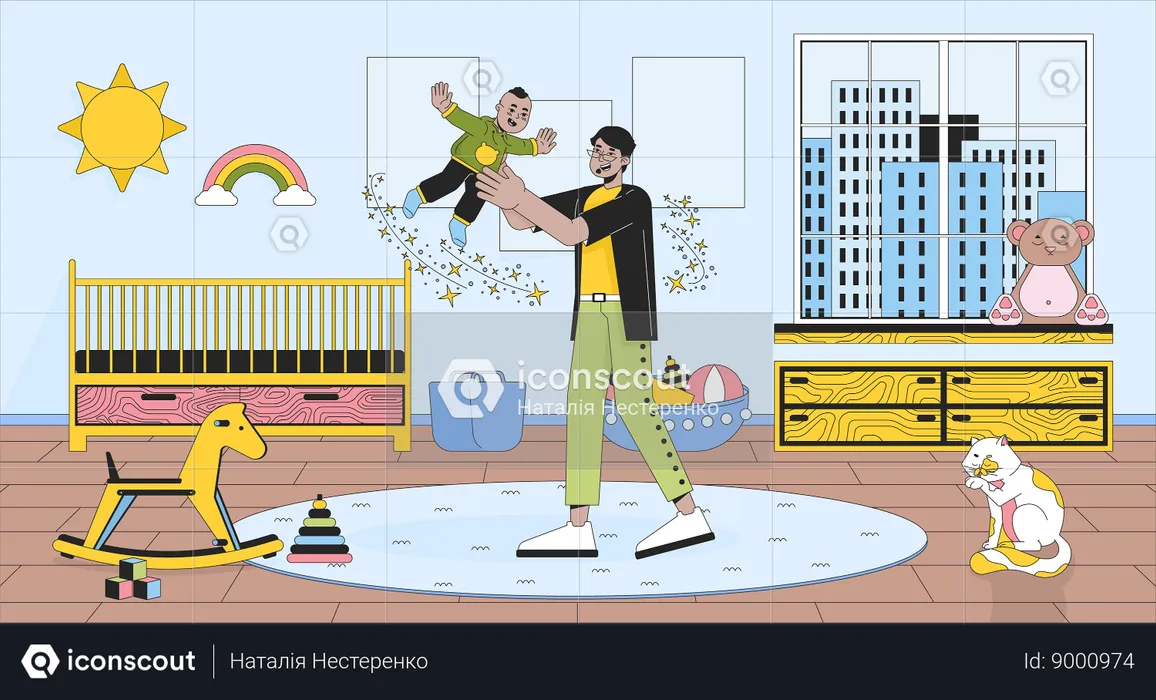 Father throwing baby in air  Illustration