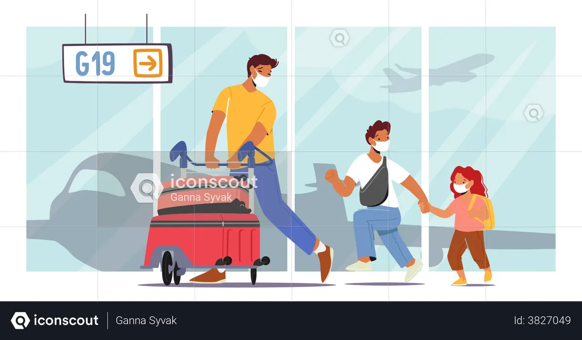 Father Travelling With Little Daughter And Son  Illustration