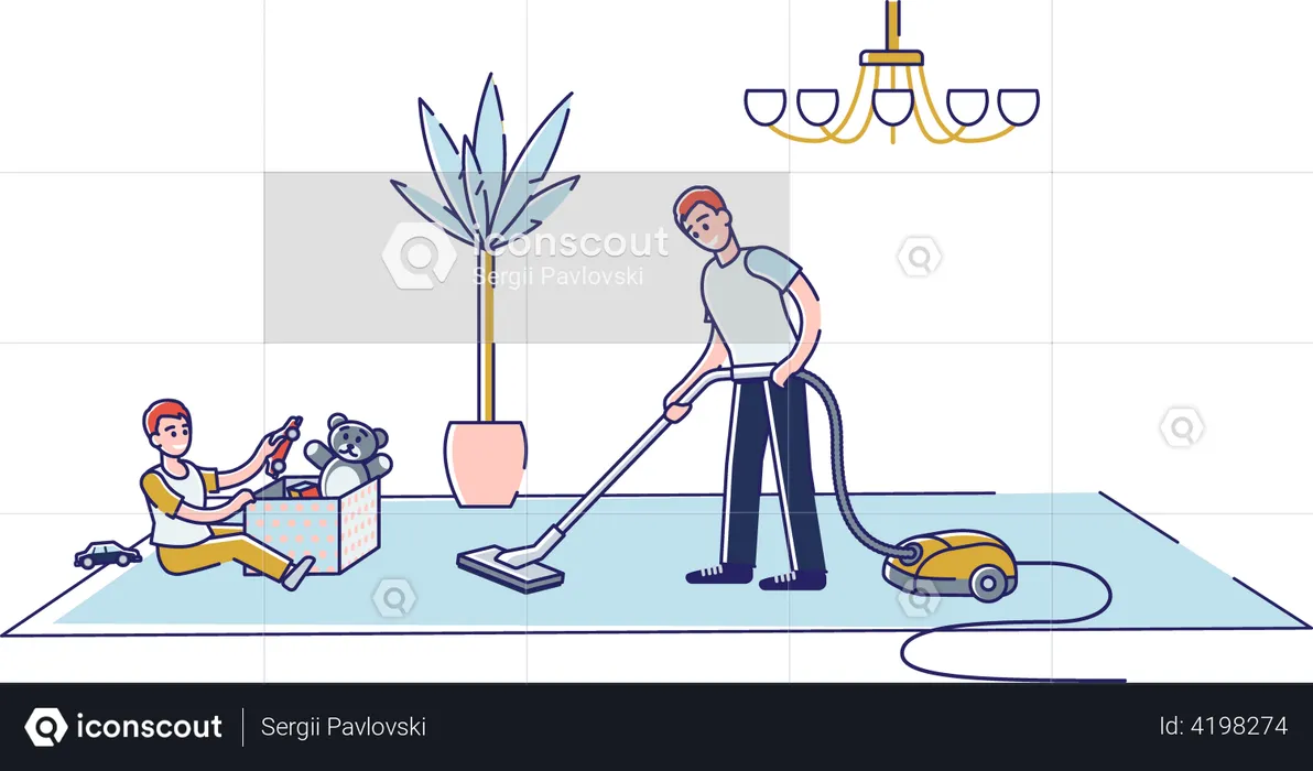 Father vacuuming house floor while kid playing with toys  Illustration
