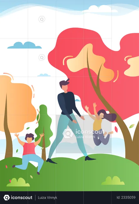 Father Walking in Park with Happy Children  Illustration