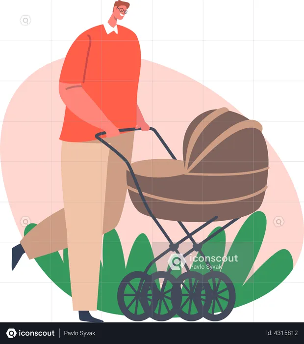 Father walking while pushing baby stroller  Illustration