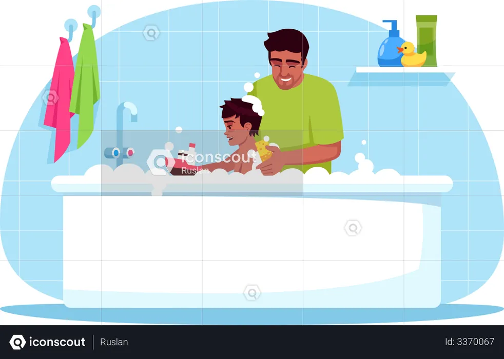 Father washes son  Illustration