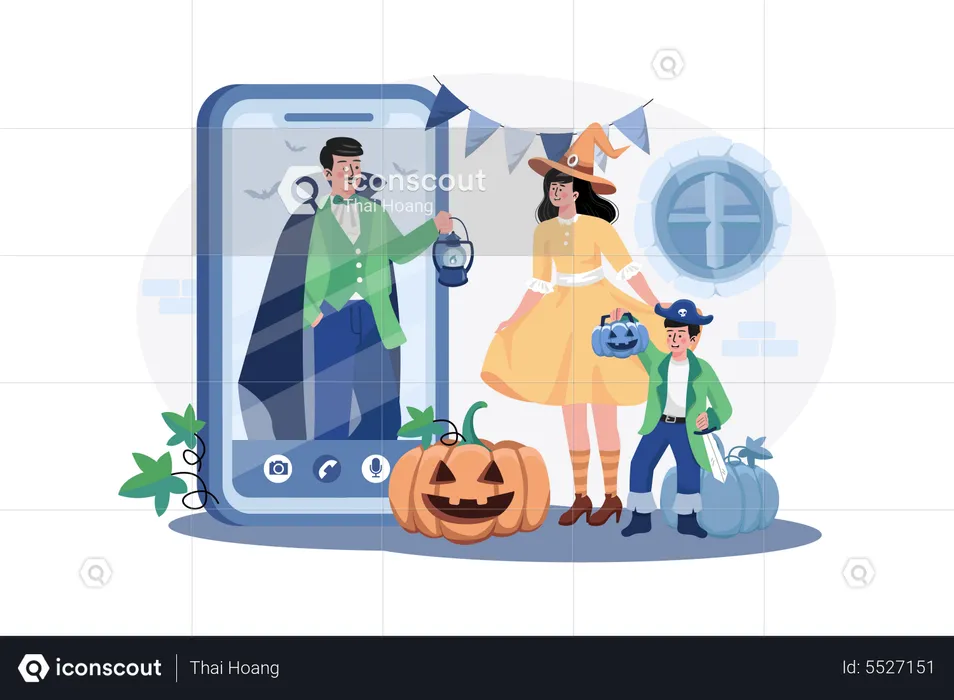 Father wishing happy Halloween to family through video call  Illustration