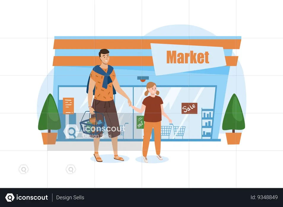 Father with a daughter go to the supermarket buy some products  Illustration
