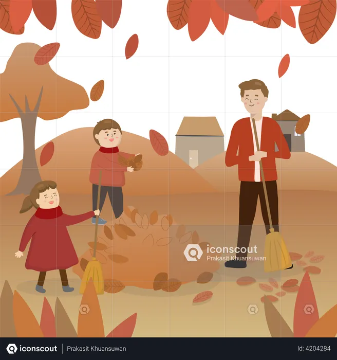 Father with daughter and son sweeping leaves  Illustration