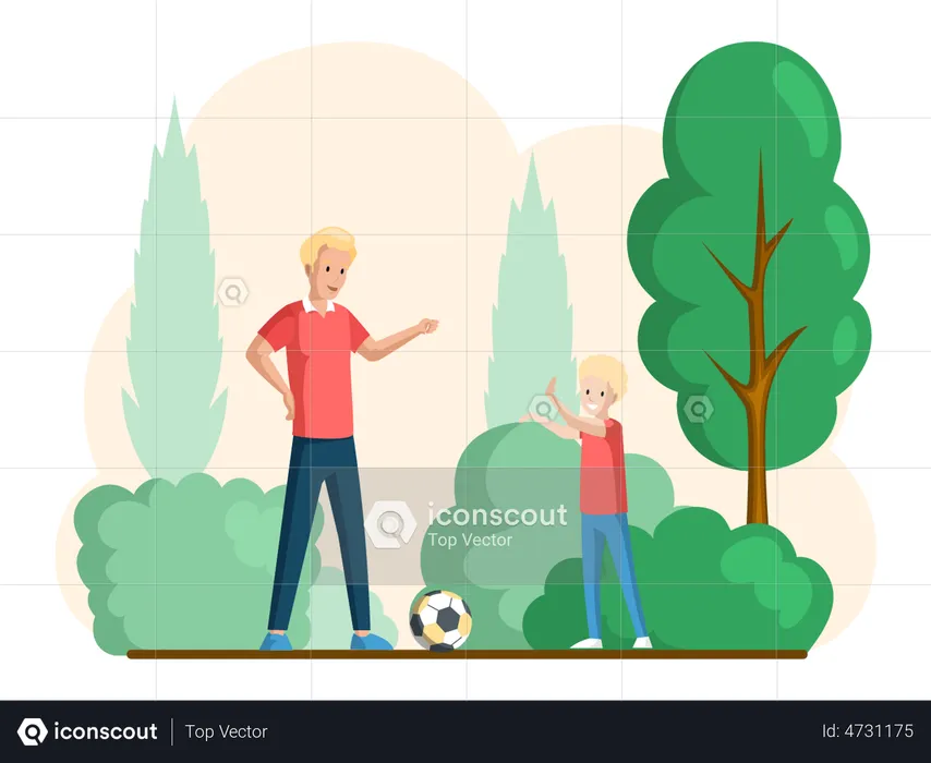 Father with his little son playing football  Illustration