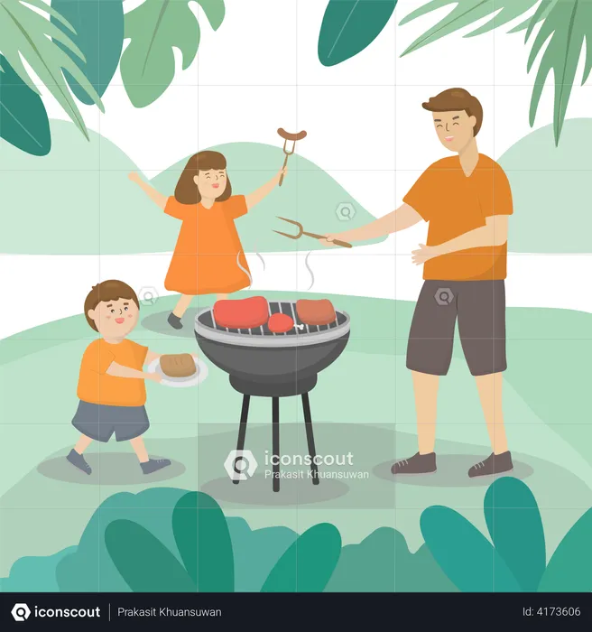 Father with son and daughter go outdoor trip on fathers day  Illustration