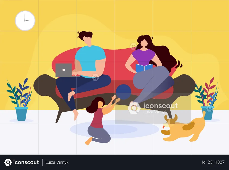 Father working on laptop, mother reading book and daughter playing ball with pet dog  Illustration