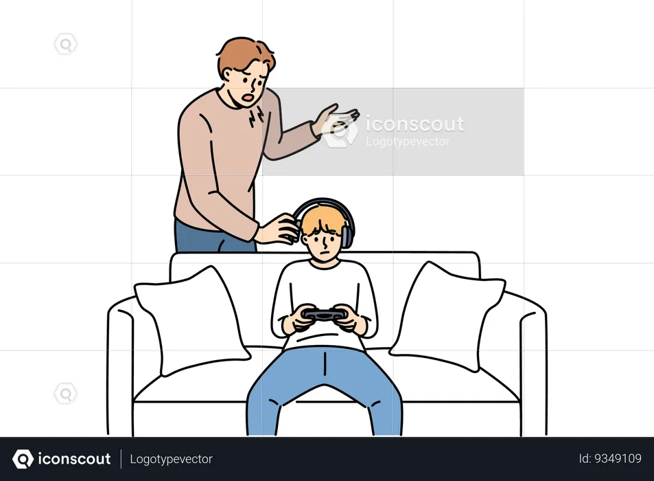 Father yells at naughty child who plays video games and refuses comply with parents demands  Illustration