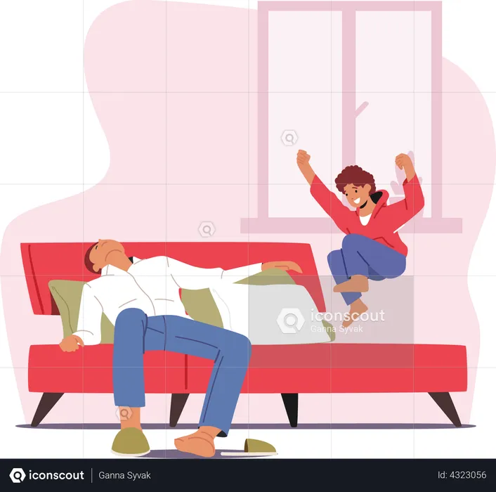 Fatigue Father Sleep while Son Jumping on Bed  Illustration